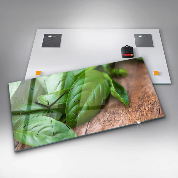 Glass wall clock rectangular Basil leaves