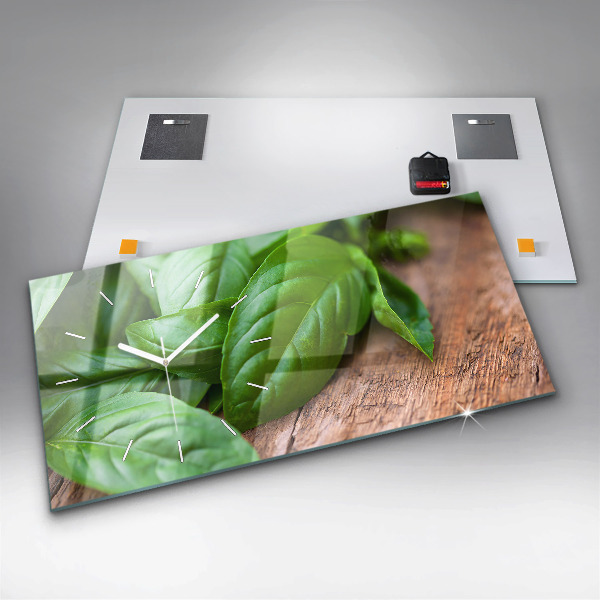 Glass wall clock rectangular Basil leaves