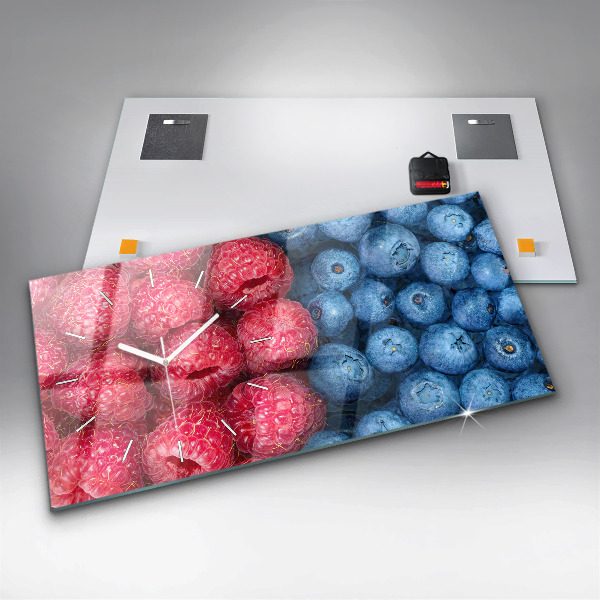 Glass wall clock rectangular Blueberries and raspberries