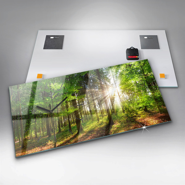 Glass wall clock rectangular Forest sunrise