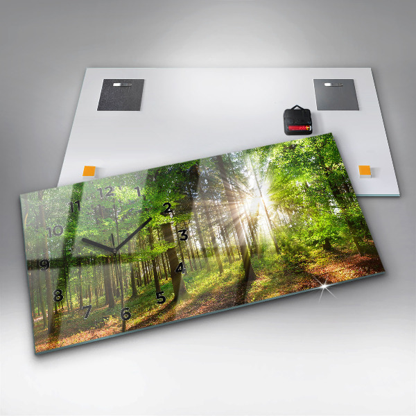 Glass wall clock rectangular Forest sunrise