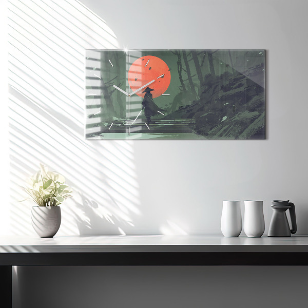 Glass wall clock rectangular Samurai in the forest