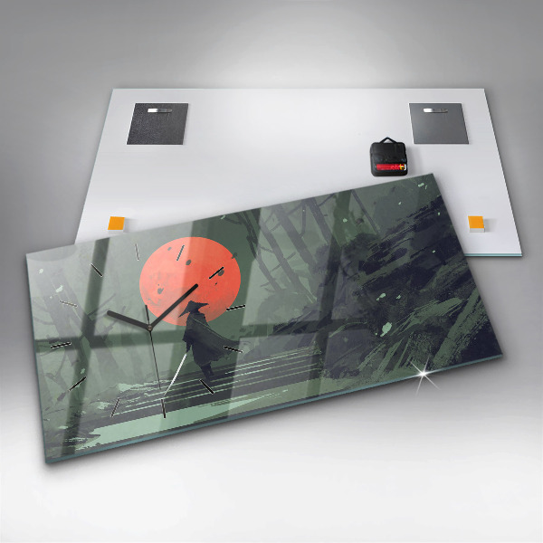 Glass wall clock rectangular Samurai in the forest