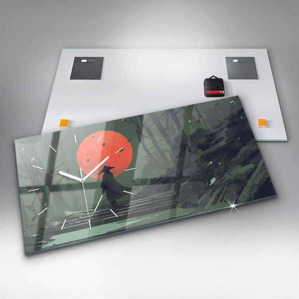 Glass wall clock rectangular Samurai in the forest