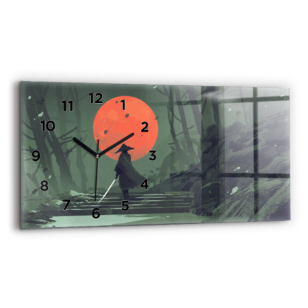 Glass wall clock rectangular Samurai in the forest