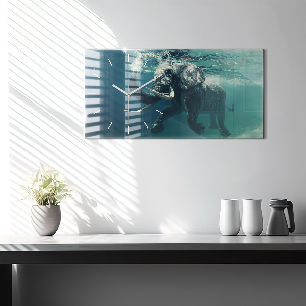 Glass wall clock rectangular Swimming elephant in the ocean