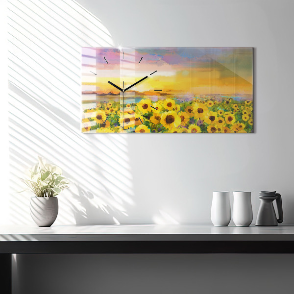 Glass wall clock rectangular Sunflower Field