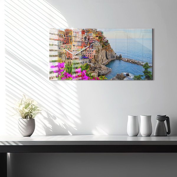 Glass wall clock rectangular Cinque Terre Coast