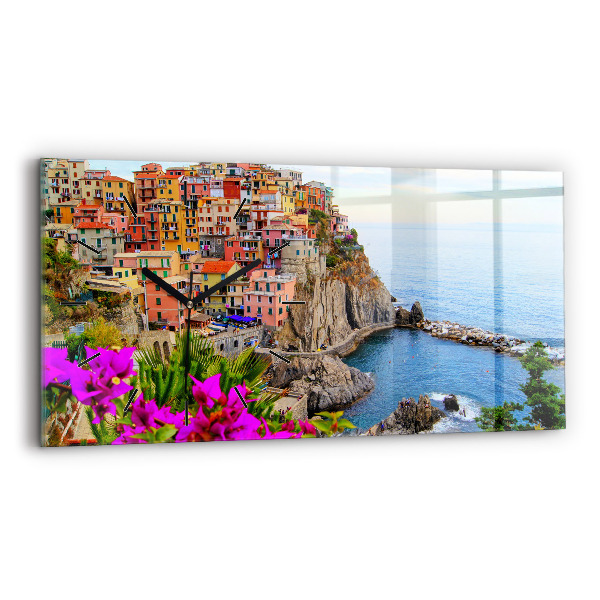 Glass wall clock rectangular Cinque Terre Coast
