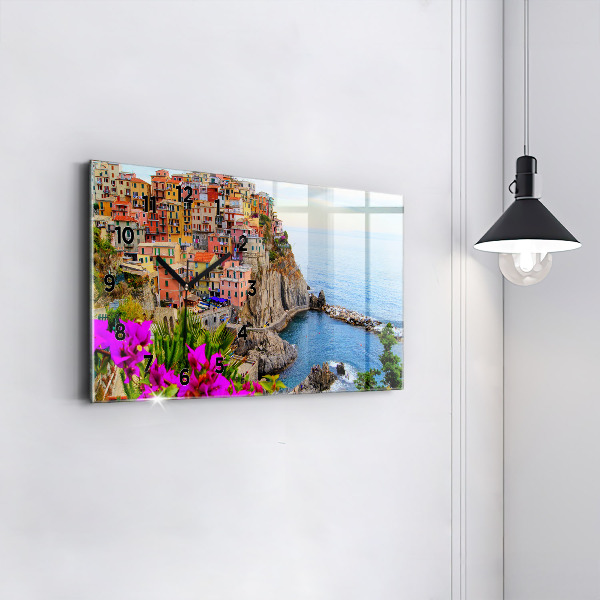 Glass wall clock rectangular Cinque Terre Coast