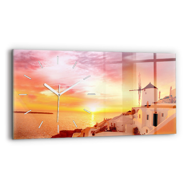 Glass wall clock rectangular Old windmill in Santorini