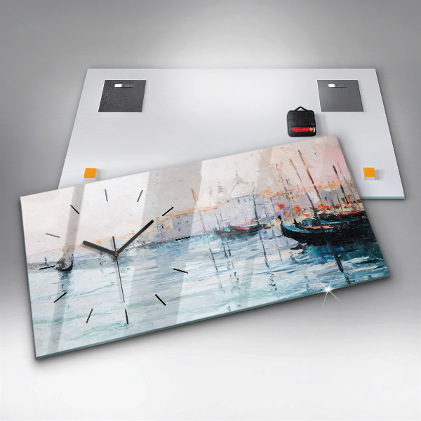 Glass wall clock rectangular Oil painting yacht sea