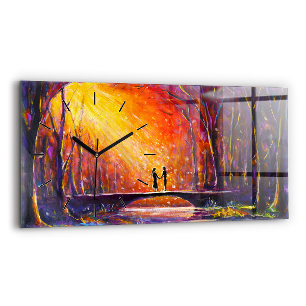 Glass wall clock rectangular Couple in the forest