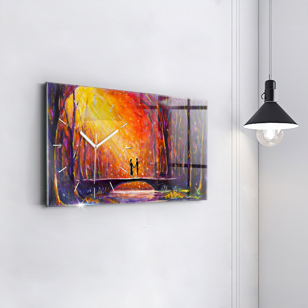 Glass wall clock rectangular Couple in the forest