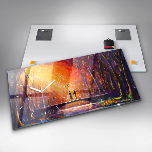 Glass wall clock rectangular Couple in the forest