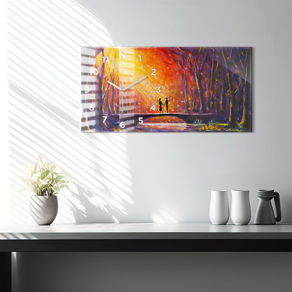 Glass wall clock rectangular Couple in the forest