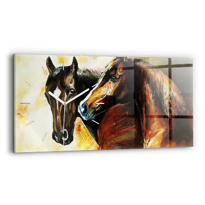 Glass wall clock rectangular Two painted horses