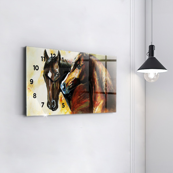 Glass wall clock rectangular Two painted horses