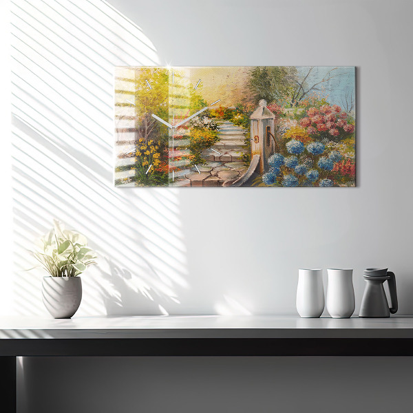 Glass wall clock rectangular Oil composition in the forest