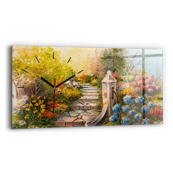 Glass wall clock rectangular Oil composition in the forest