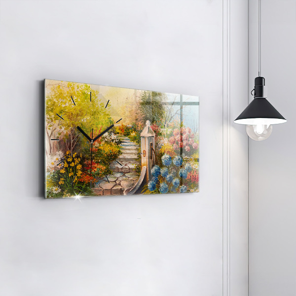Glass wall clock rectangular Oil composition in the forest