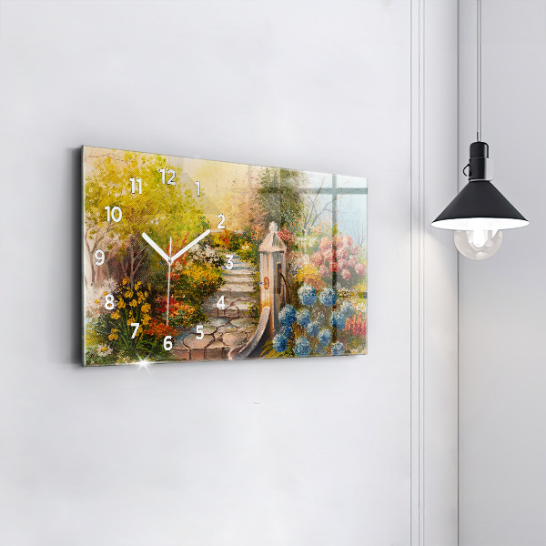 Glass wall clock rectangular Oil composition in the forest