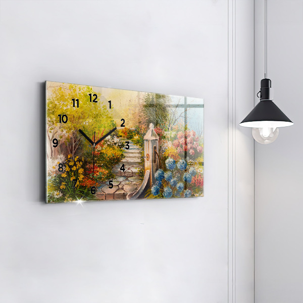 Glass wall clock rectangular Oil composition in the forest