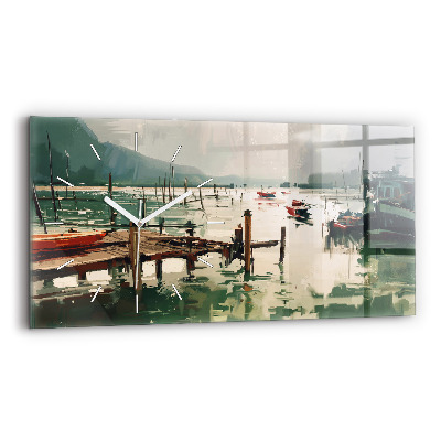 Glass wall clock rectangular Fishing boats in the port