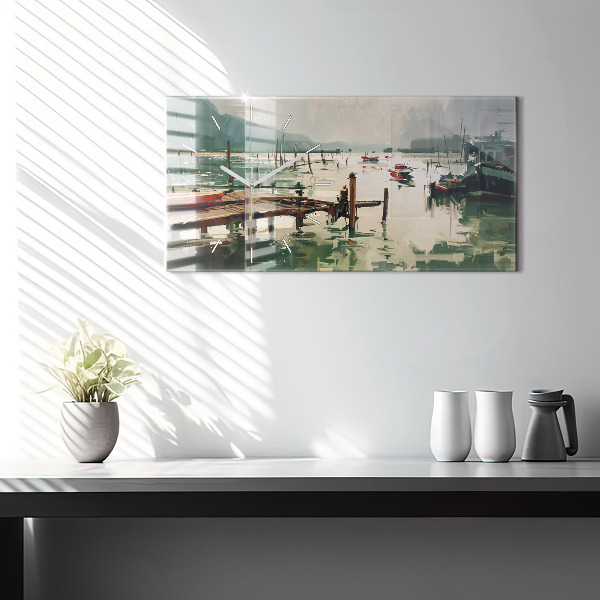 Glass wall clock rectangular Fishing boats in the port