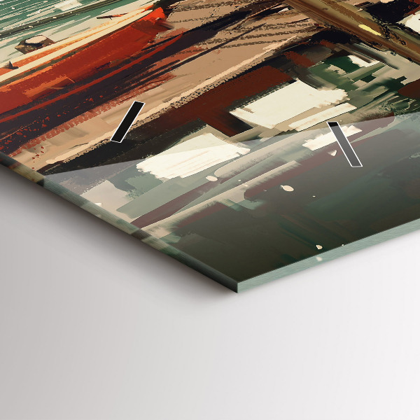 Glass wall clock rectangular Fishing boats in the port