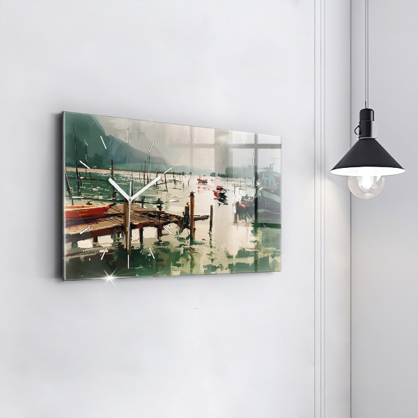 Glass wall clock rectangular Fishing boats in the port