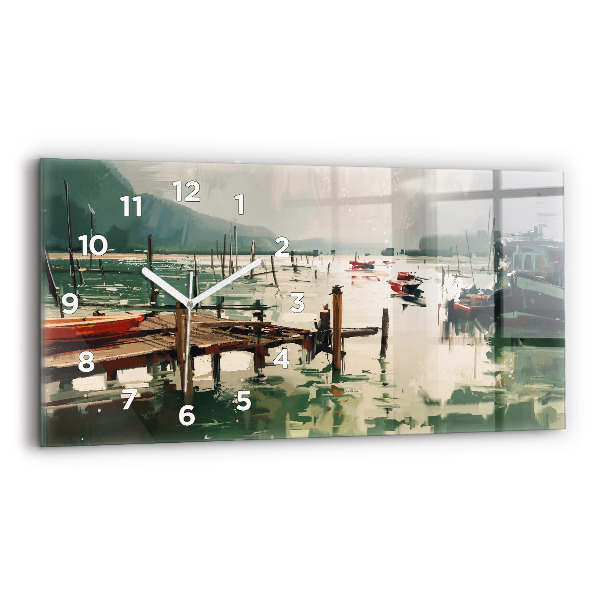 Glass wall clock rectangular Fishing boats in the port