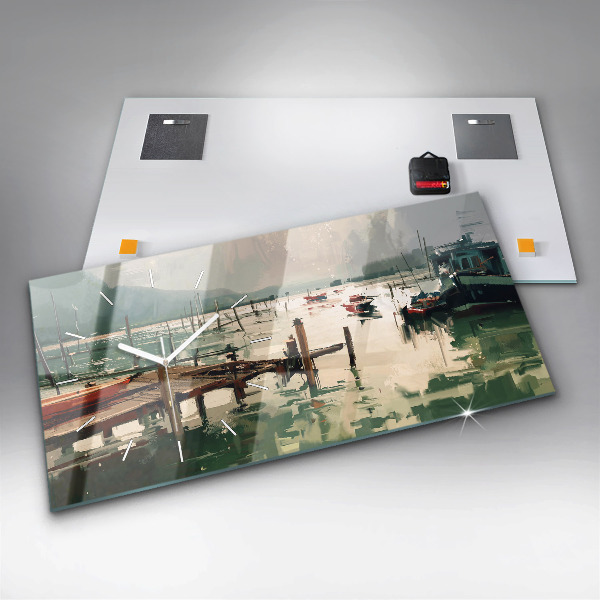 Glass wall clock rectangular Fishing boats in the port
