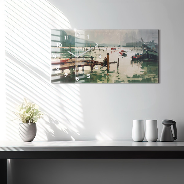 Glass wall clock rectangular Fishing boats in the port