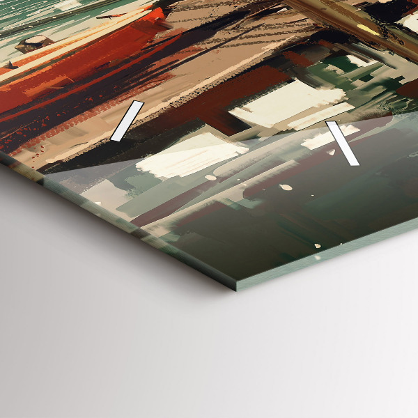 Glass wall clock rectangular Fishing boats in the port