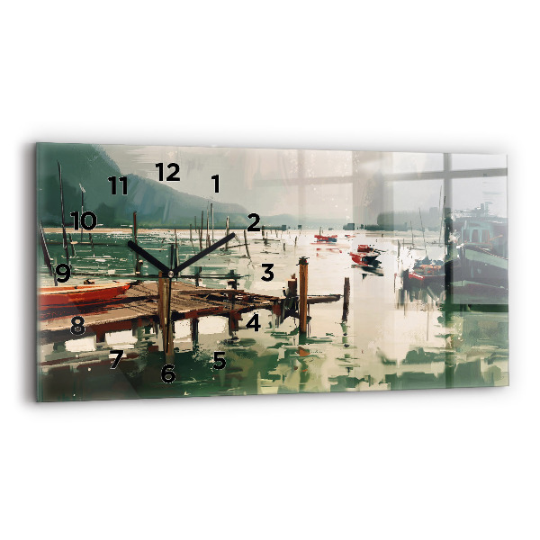 Glass wall clock rectangular Fishing boats in the port