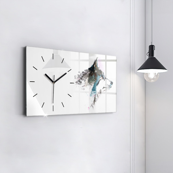 Glass wall clock rectangular Painted Wolf Profile