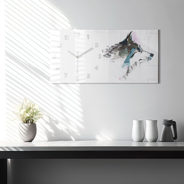 Glass wall clock rectangular Painted Wolf Profile