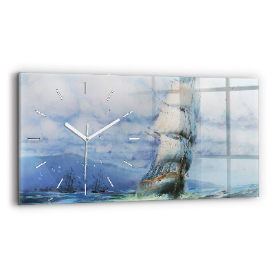 Glass wall clock rectangular A ship on the water