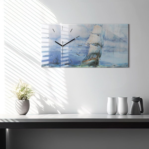 Glass wall clock rectangular A ship on the water