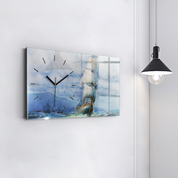Glass wall clock rectangular A ship on the water