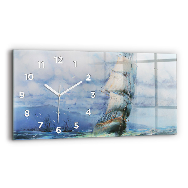 Glass wall clock rectangular A ship on the water