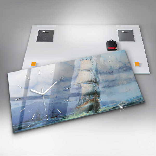 Glass wall clock rectangular A ship on the water