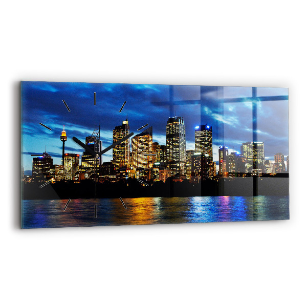Glass wall clock rectangular Sydney In The Evening