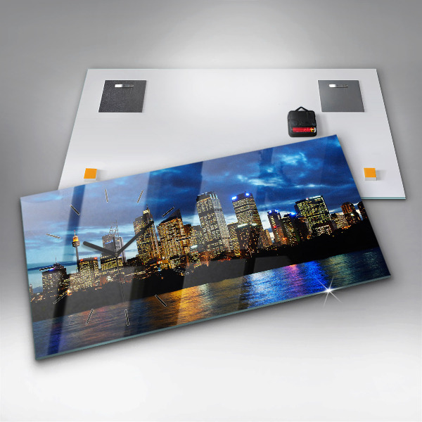 Glass wall clock rectangular Sydney In The Evening