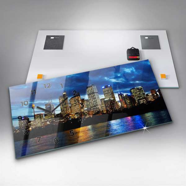 Glass wall clock rectangular Sydney In The Evening