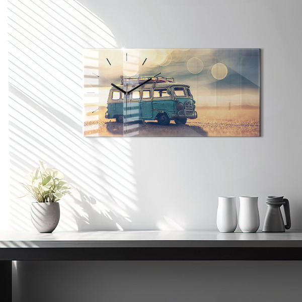 Glass wall clock rectangular Camper on the beach