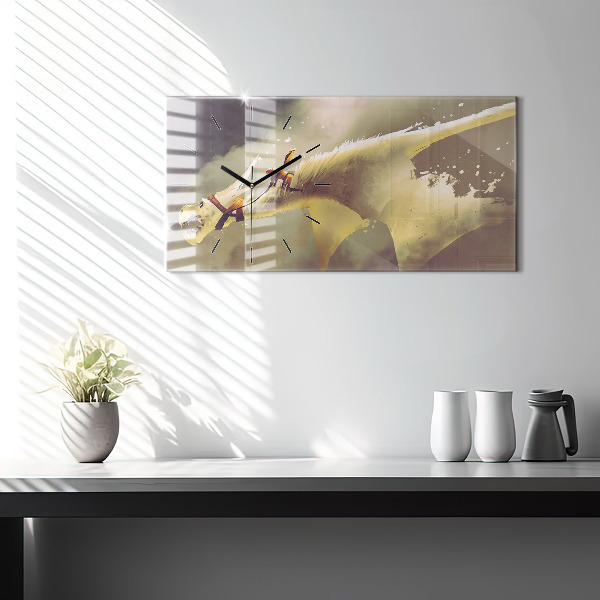 Glass wall clock rectangular Dragon Rider Illustration