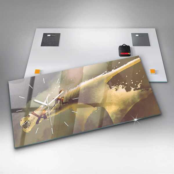 Glass wall clock rectangular Dragon Rider Illustration