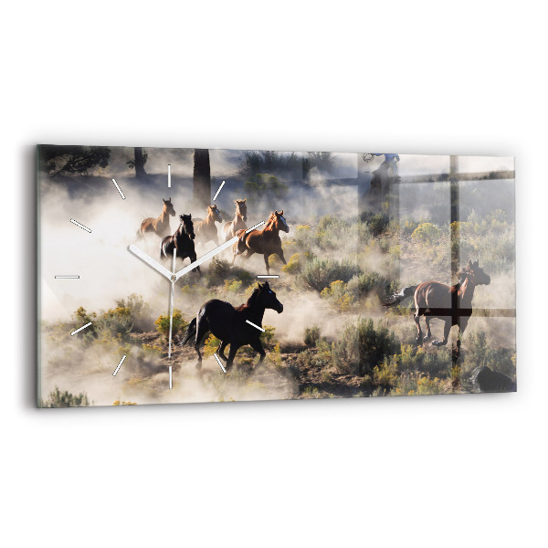 Glass wall clock rectangular A herd of rushing horses